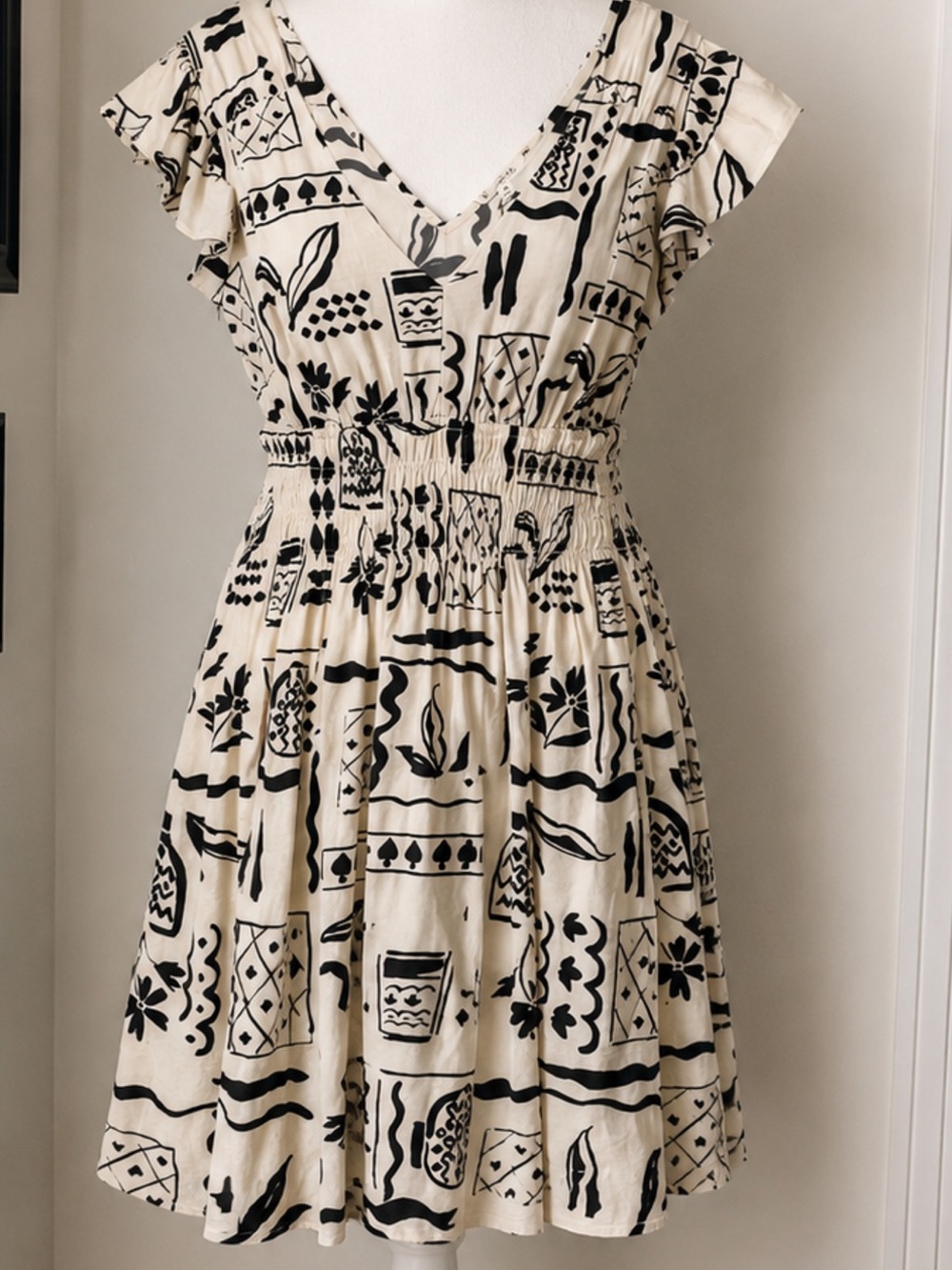 Printed Cream & Black V-Neck Mini Dress with Smocked Waist
